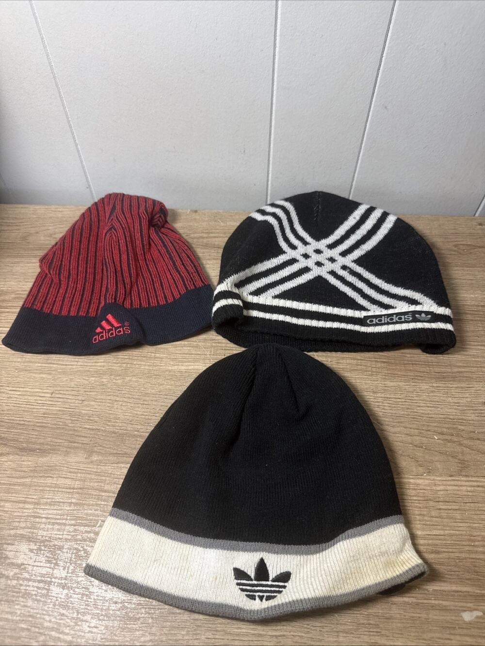 3 Adidas Beanies Red And Blue And Black Vintage Q2